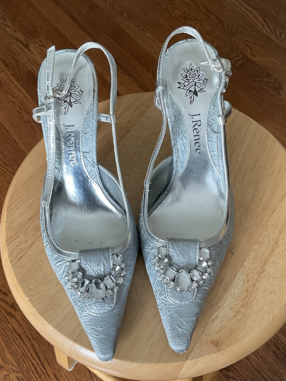 J.Renee Silver Jeweled Pointed-Toe Slingback Heels